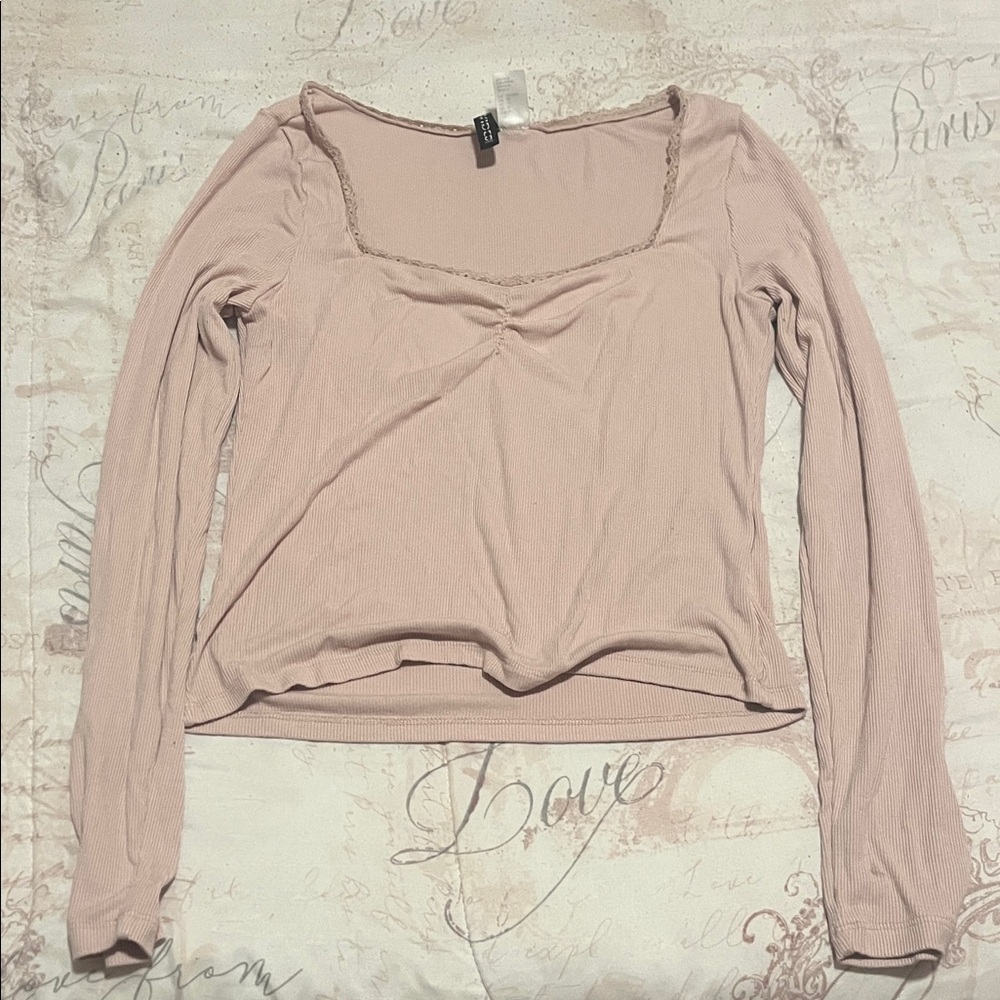 H&M Light Pink Ribbed Long-Sleeve Square Neck Top